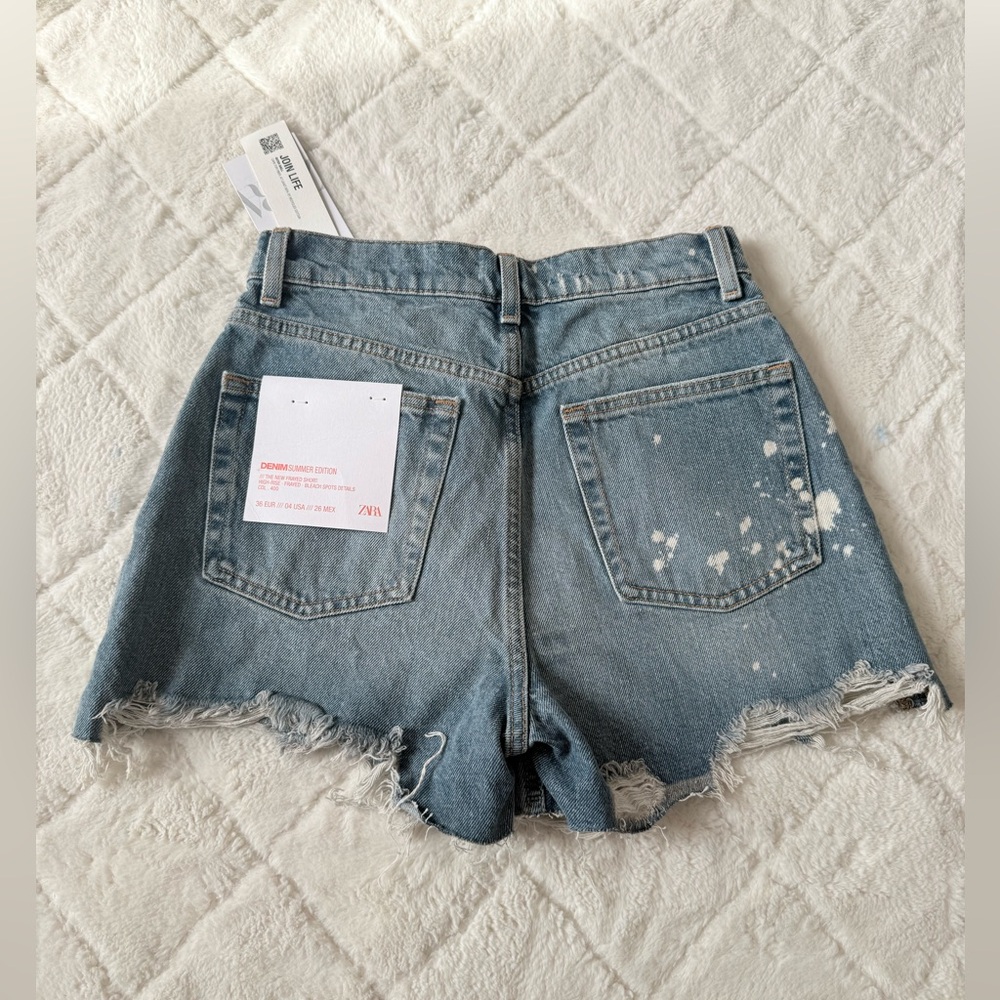 ZARA Blue Washed Distressed Denim Shorts - Picture 2 of 5